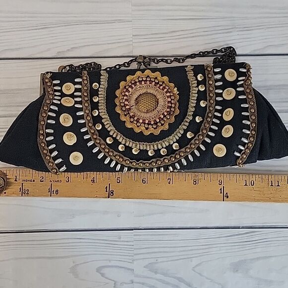 Coldwater Creek Black Beaded Boho Style Clutch Mini Handbag - Picture 9 of 11